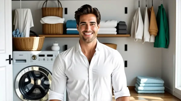 Un hombre joven y atractivo luce feliz en la lavandería