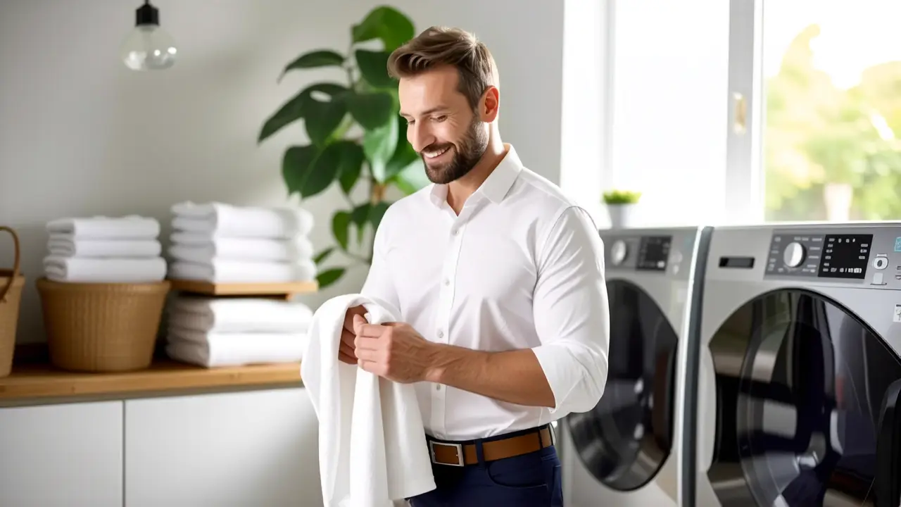 Un hombre relajado dobla una toalla en un hogar luminoso