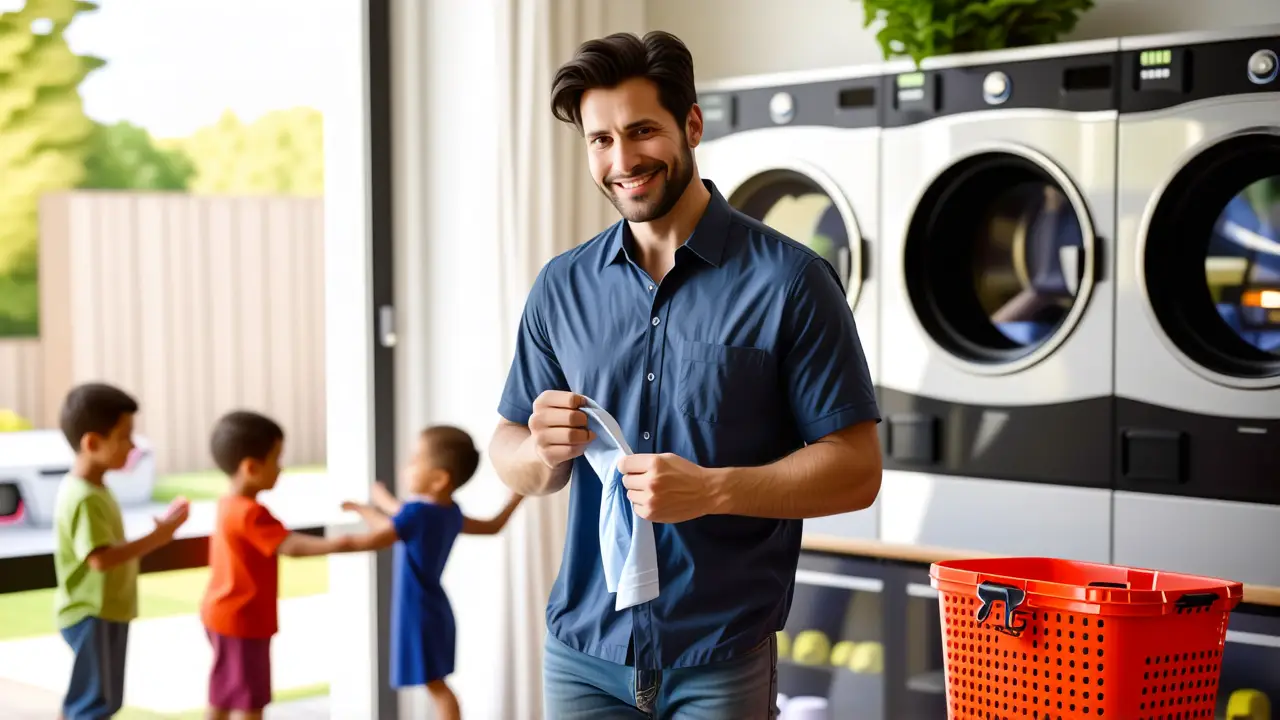 Fotógrafo captura hombre sonriente en lavandería moderna