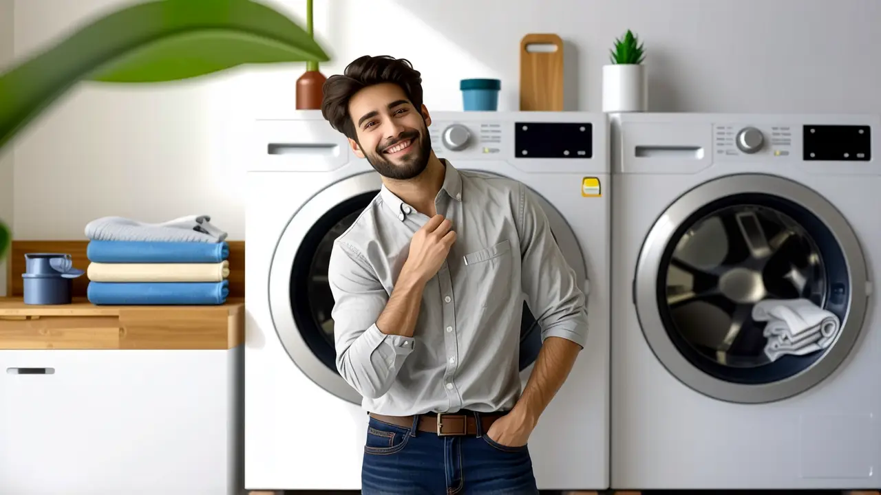 Fotógrafo captura hombre pensativo en lavandería moderna