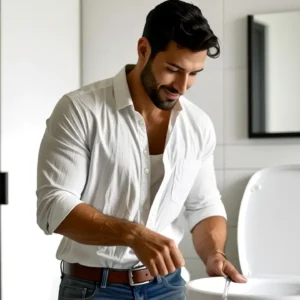 Un hombre tranquilo usa bidet en baño