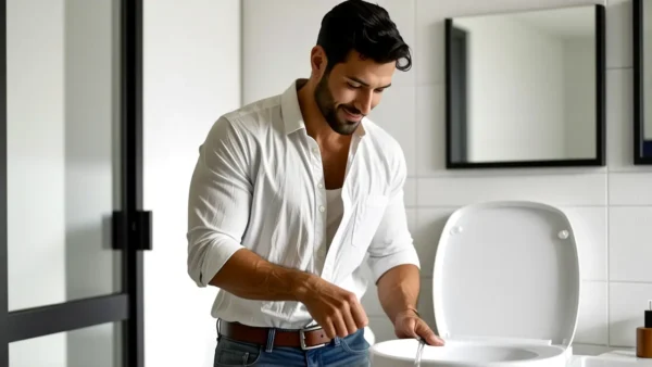 Un hombre tranquilo usa bidet en baño