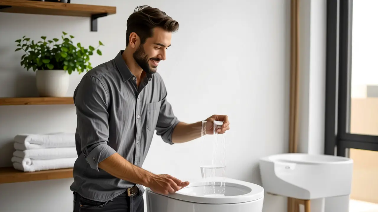 Un hombre sonríe en un baño moderno y cálido