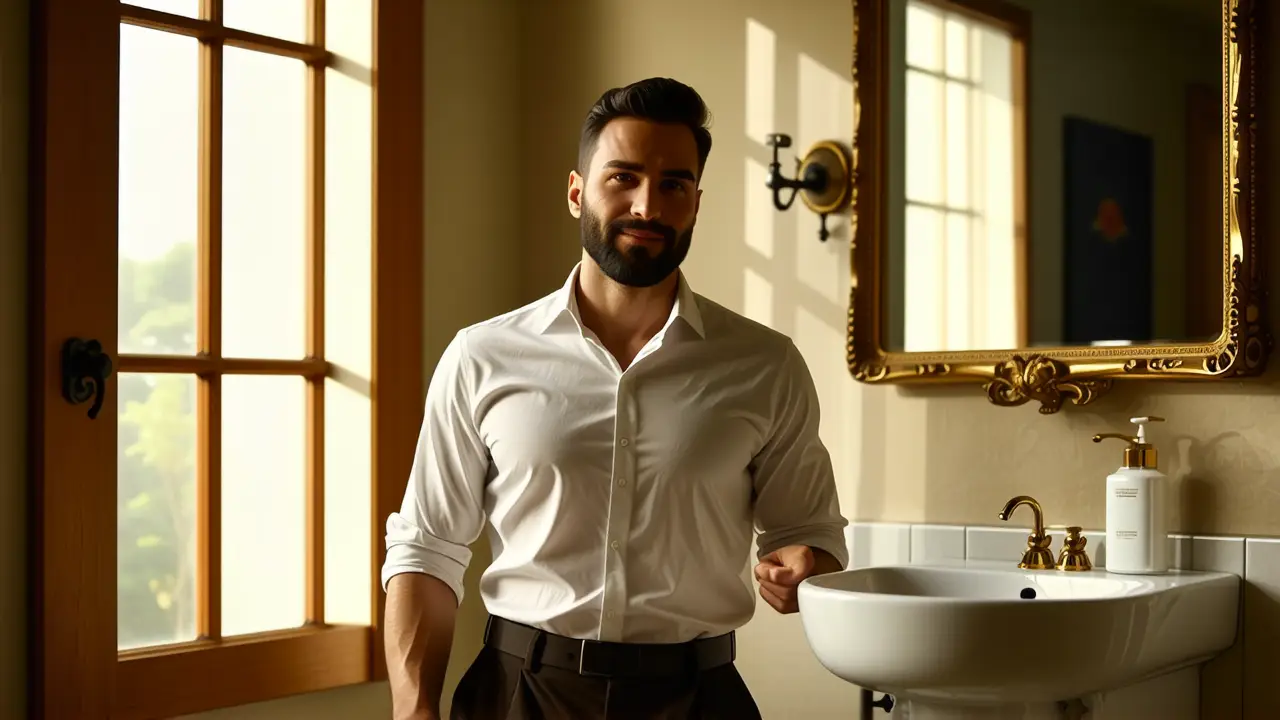 Un hombre español realista observa bidet con serenidad