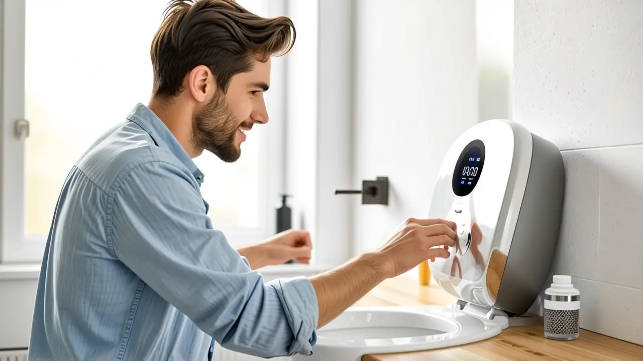 Un hombre ajusta el bidet en un baño cálido