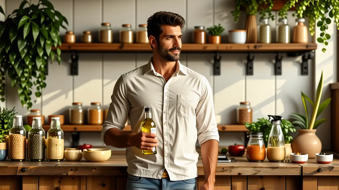 Vinagre para Limpiar: Guía Definitiva en Casa 5 Un hombre pensativo sostiene vinagre en un ambiente cálido y melancólico
