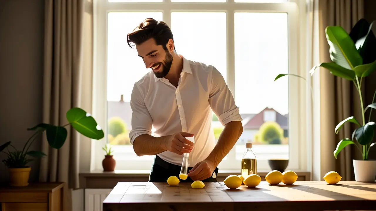 Vinagre para Limpiar: Guía Definitiva en Casa 2 Un hombre limpia con luz cálida y suave