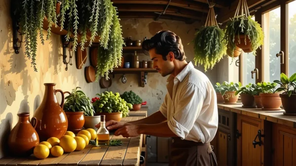 Vinagre para Limpiar: Guía Definitiva en Casa 1 Un hombre pensativo limpia con vinagre en una cocina rústica