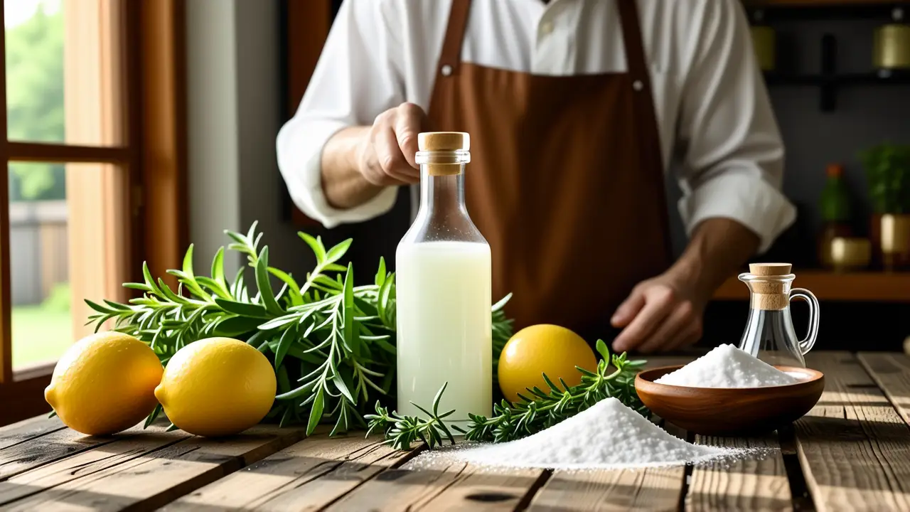 Vinagre para Limpiar: Guía Definitiva en Casa 4 Un hombre pensativo sostiene vinagre en un ambiente cálido
