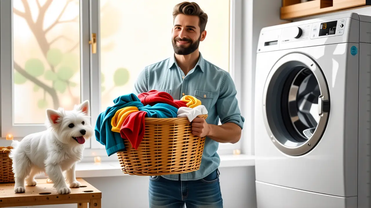 Un hombre relajado sostiene ropa en casa