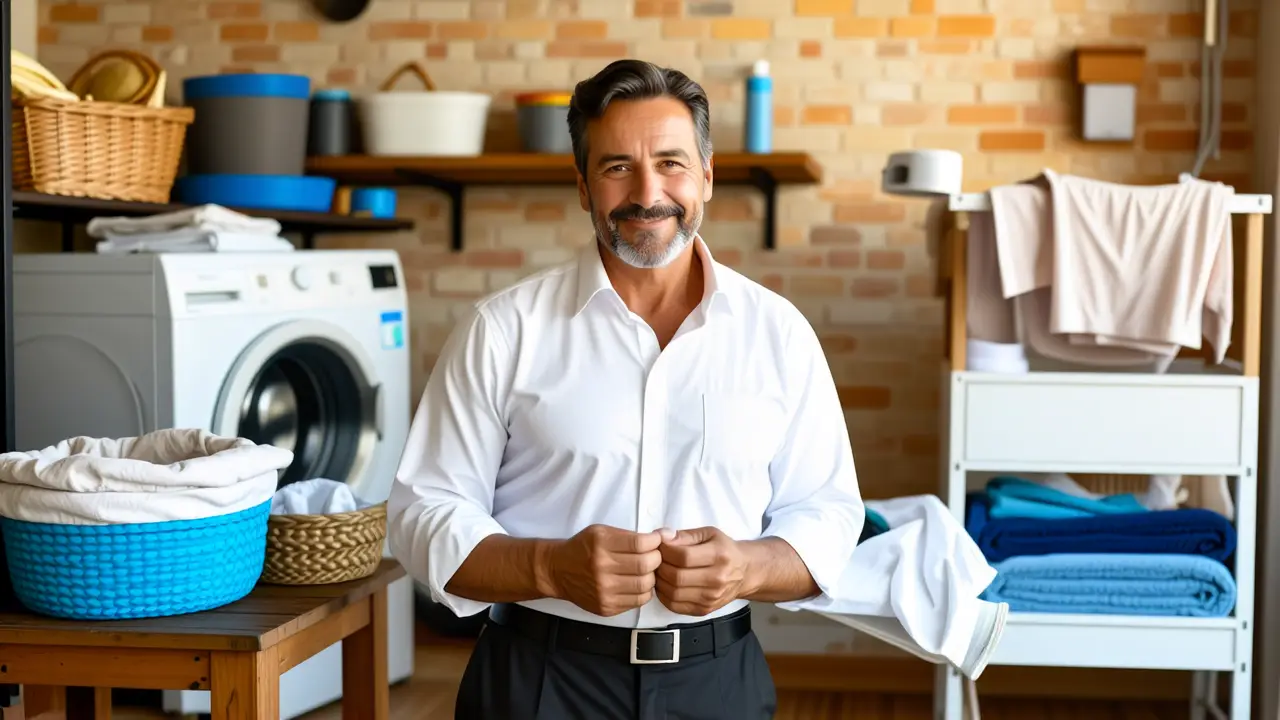 Un hombre español amable se viste en casa