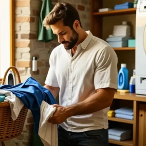 Un hombre español examina ropa en casa