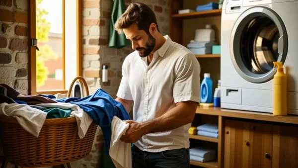 Un hombre español examina ropa en casa