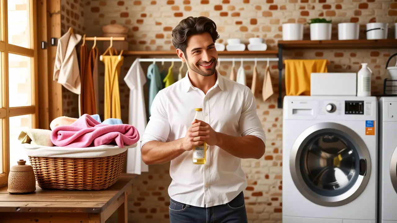 Un hombre sonriente examina detergente en un hogar cálido
